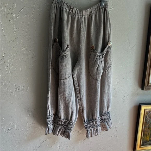 Hearts Desire by Mary Tan/grey Linen Pants with Ruffle Hem. Size medium - Picture 1 of 7